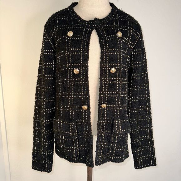 Sioni by Anthropologie Womens Black Grid Plaid Knit Cardigan Sweater NWT Large - Picture 1 of 9